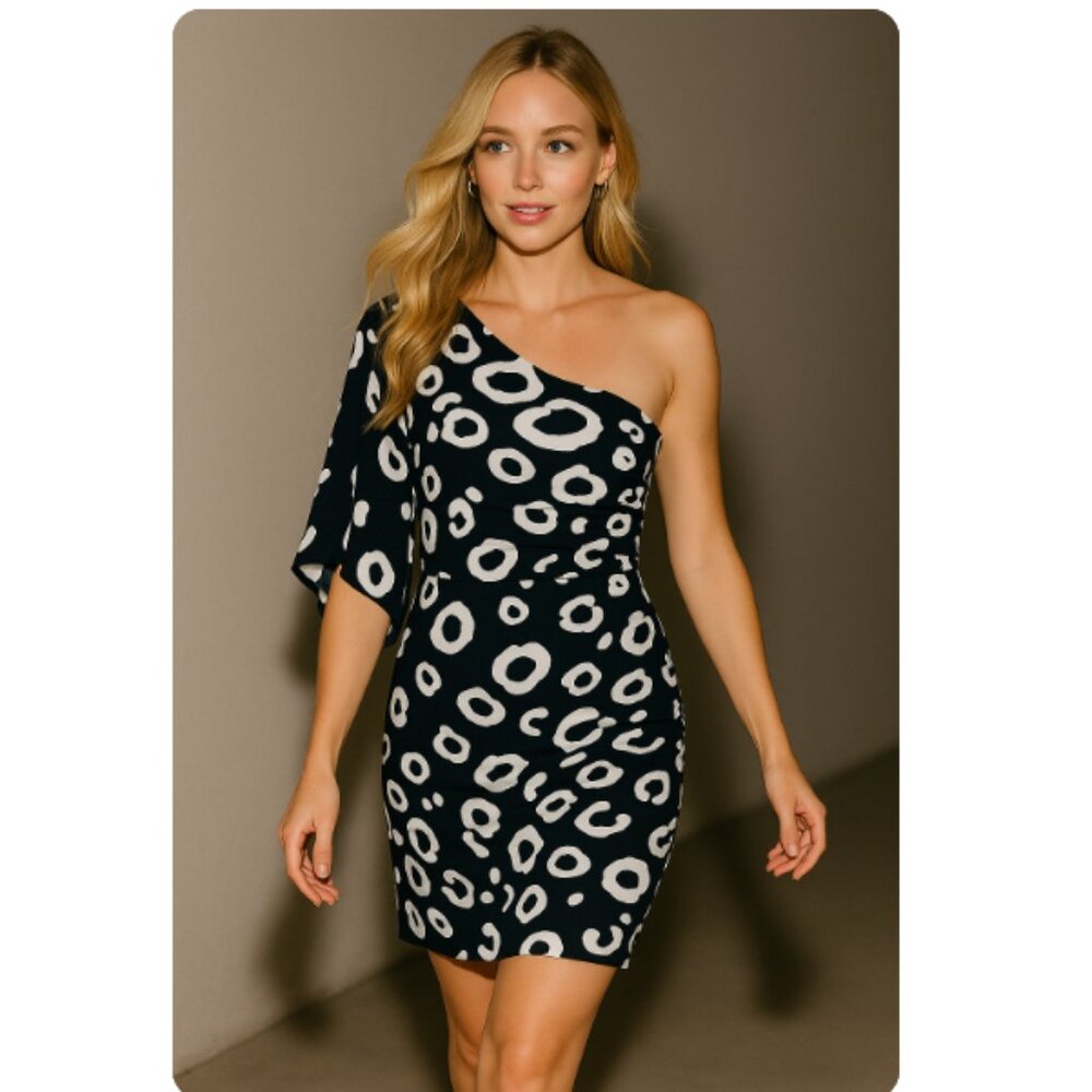 Valerie Bertinelli One Shoulder leopard print navy blue fitted dress size 4